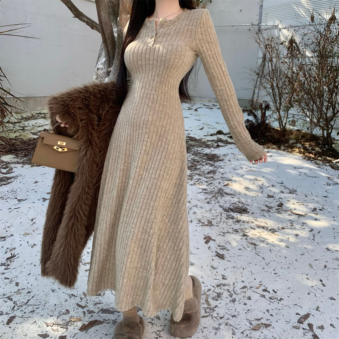 Autumn and winter high-end temperament autumn fit knitted bottoming dress women's skirt new mid-length skirt