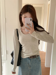 Korean style U-neck solid color basic versatile slimming inner pure cotton long-sleeved T-shirt top