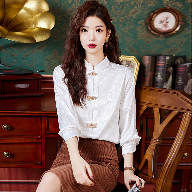 New Chinese style acetate satin shirt tops women's 2024 spring national style Zen style improved long-sleeved stand-up collar shirt