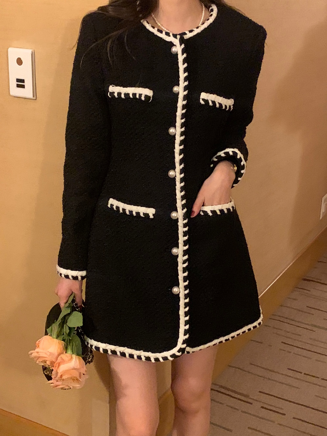 !INS Blogger Style~Celebrity Xiaoxiang Style Contrast Color Trim Design Slim Fit Tweed Dress