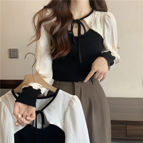 Design sense niche splicing long-sleeved sweater early autumn tops for women new this year popular beautiful short bottoming shirt
