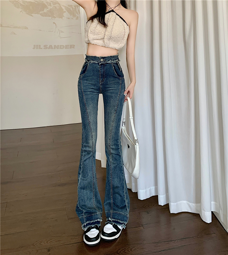 實拍原版天貓質量春秋毛邊修身顯瘦喇叭褲女高腰牛仔褲