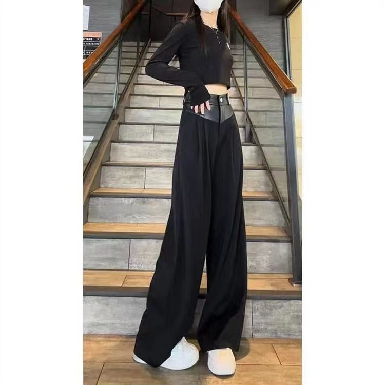 灰色西裝褲女2024春新款高腰寬鬆直筒休閒長褲顯瘦垂感拼接闊腿褲