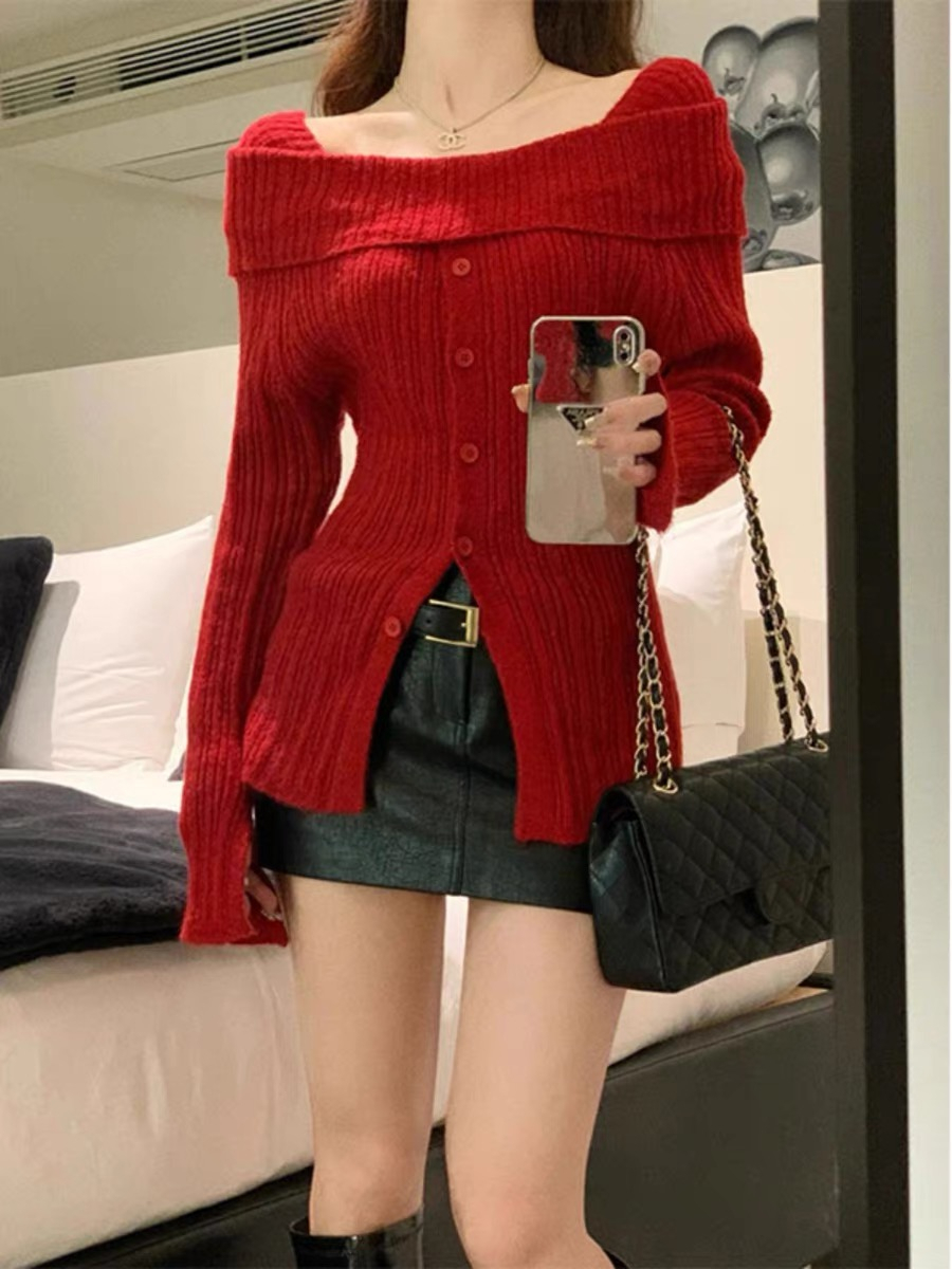 Sheep wool 2024 New Year wear one-shoulder red natal New Year shirt knitted sweater