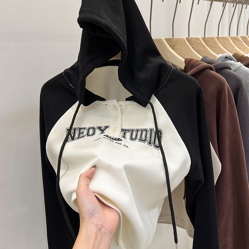 Official picture 0531 Rice wool long-sleeved T-shirt women's spring and autumn thin short 2024 raglan sleeve bottoming shirt hooded large size women's clothing