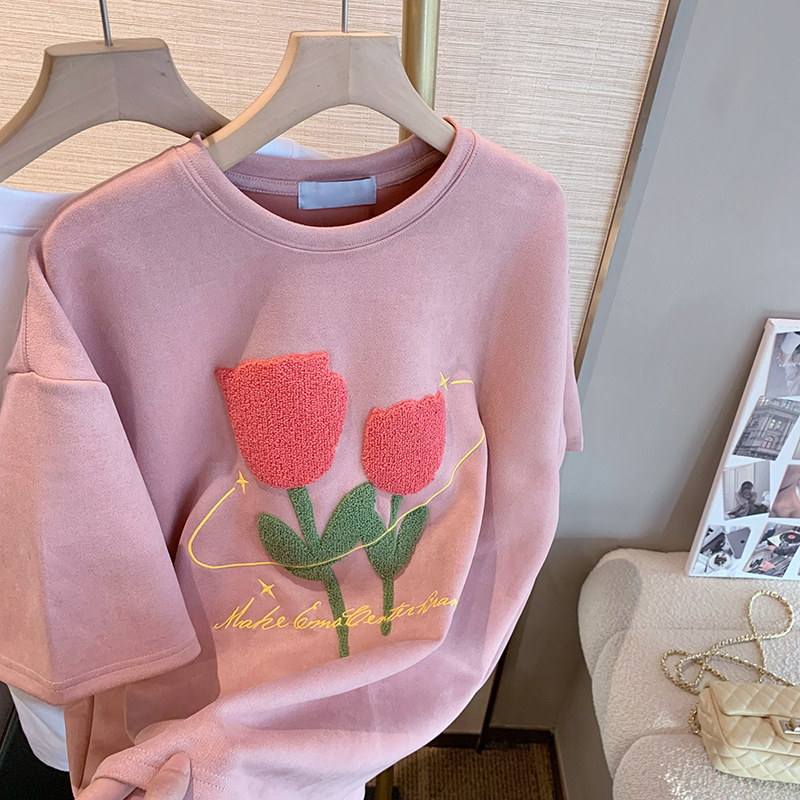 粉色鬱金香花朵t恤女復古潮牌2024新款氣質百搭寬鬆顯瘦短袖上衣