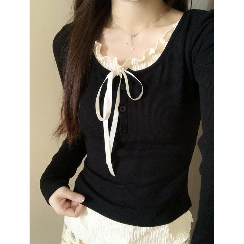 Gray floral T-shirt for women in autumn and winter, two pieces of high-end bottoming shirts to keep warm and wear slim-fit hot girls pure lust tops