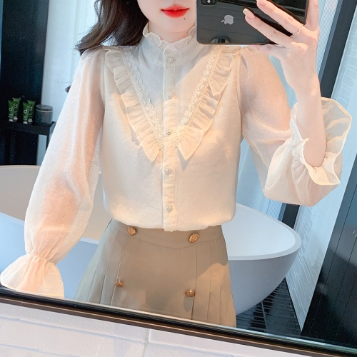 2024 early spring princess shirt with beautiful heavy-duty chiffon lace stand-up collar long-sleeved bow shirt for women