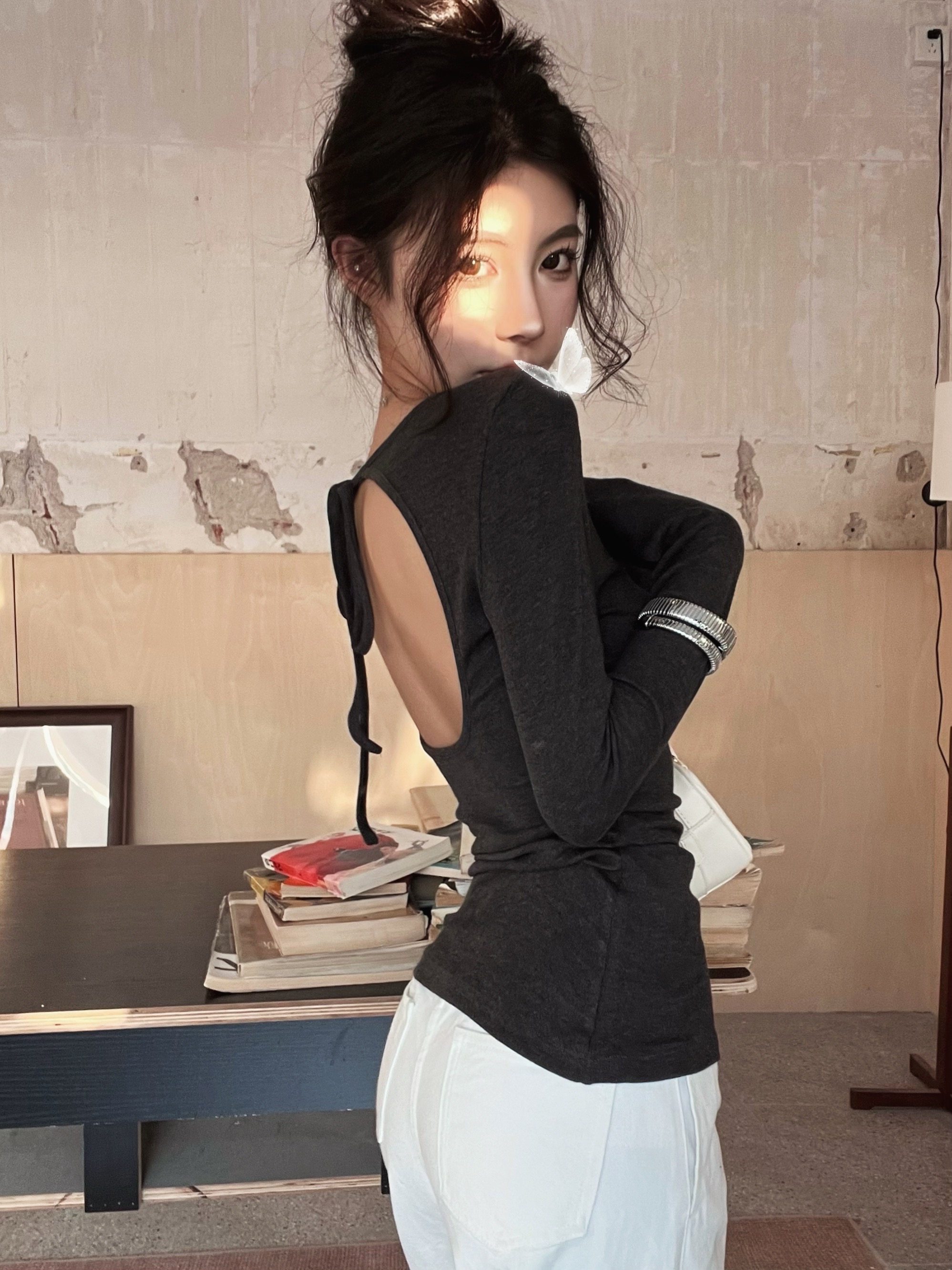 Modal fabric Tmall quality backless hollow long-sleeved T-shirt autumn and winter new slim strap bottoming shirt