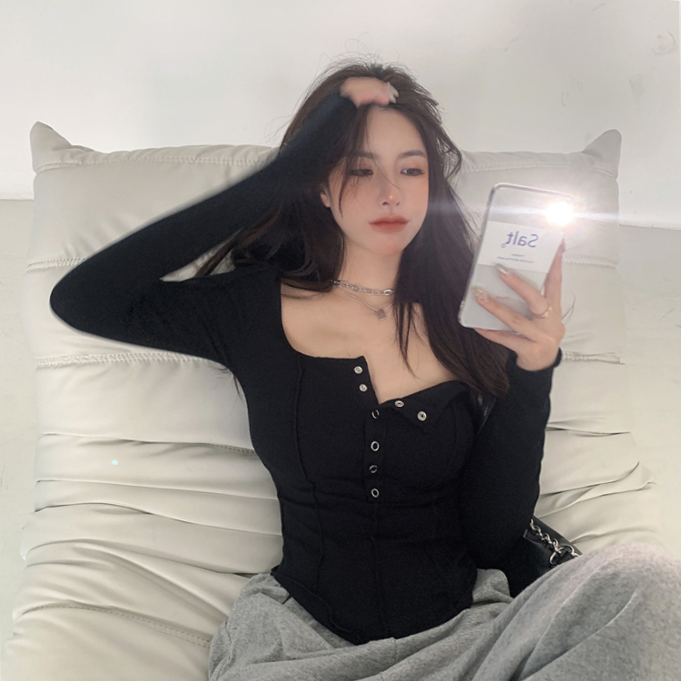 Plus size fat girl U-neck long-sleeved T-shirt women's spring and autumn new bottoming shirt with slim pure lust style chic top