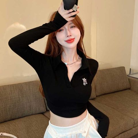 Ice silk thread black lapel embroidered slim short long sleeve T-shirt for women