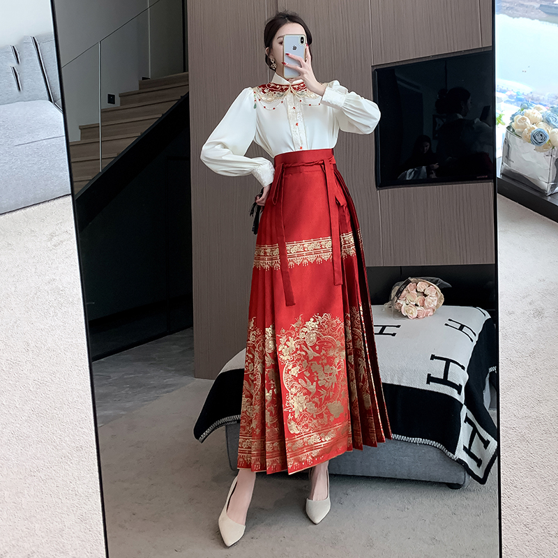 實拍  新中式漢服紅色馬面裙敬酒服國風新娘訂婚禮服兩件套裝
