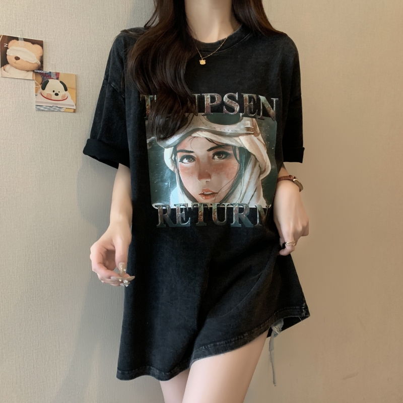 實拍 100%棉220g純棉水洗做舊 寬鬆短袖T恤女寬鬆