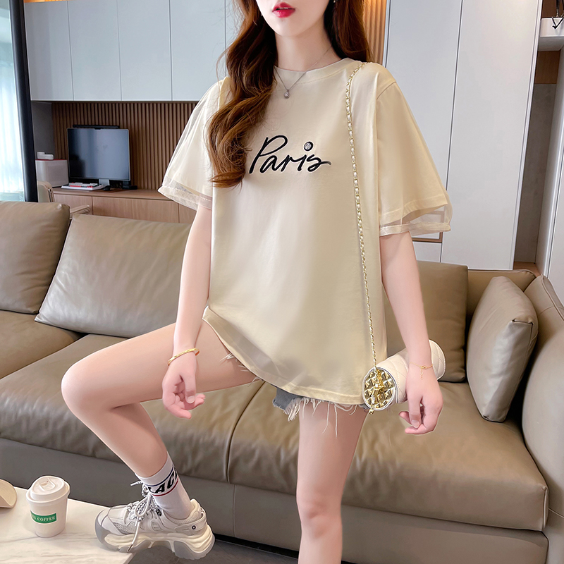 | 實拍 | 100%純棉 | 後包領 | 韓版小個子重工紗網短袖T恤女