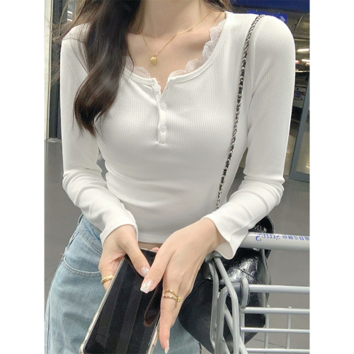 Real shot of French lace long-sleeved T-shirt for women in spring half-open collar sweet slim collarbone short top