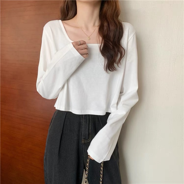 Spring and Autumn U-neck long-sleeved T-shirt for women 2024 new spring and autumn thin style inner layering shirt