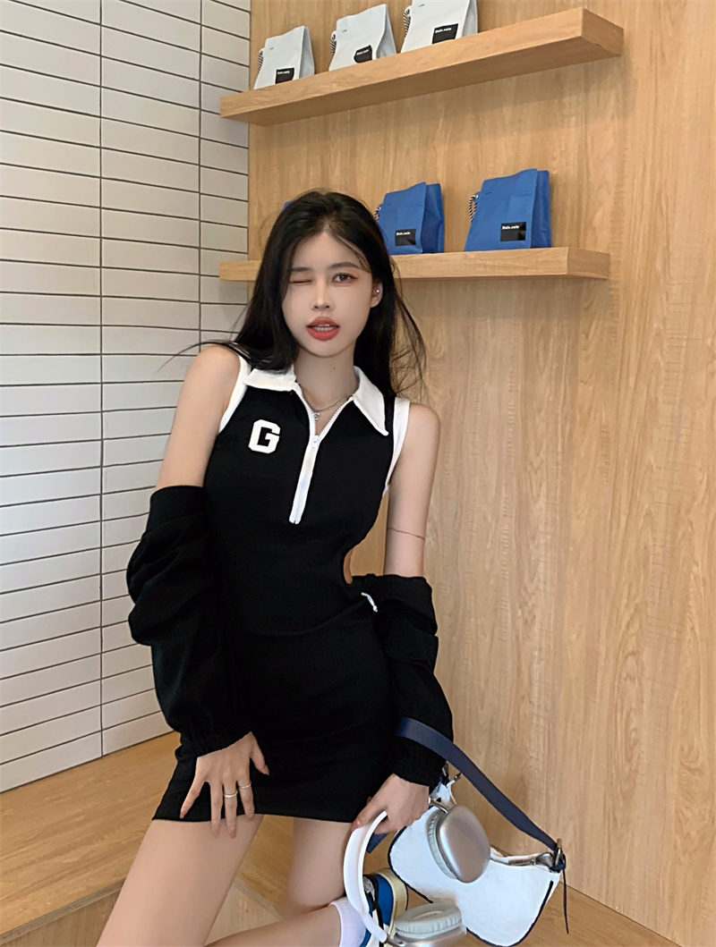 Real shot of sexy color-blocked college style tank top dress short jacket blouse suit