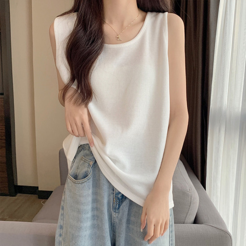 Real shot of waffle white camisole for women, summer bottoming, sleeveless, covering side breasts, slimming, outer wear, spring and autumn inner wear