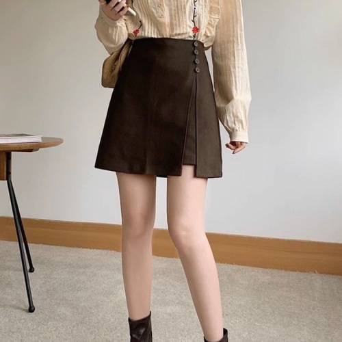 Irregular woolen skirt women's autumn and winter new large size slit high waist A-line skirt