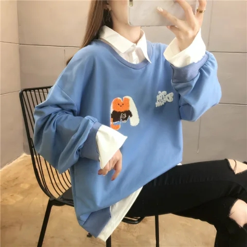 實拍6535魚鱗 腦繩毛巾繡花假兩件衛衣女薄款學生班服