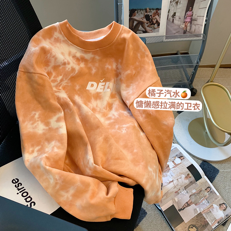 大魚鱗260克100%聚酯纖維 薄款衛衣女圓領扎染印花 後包條