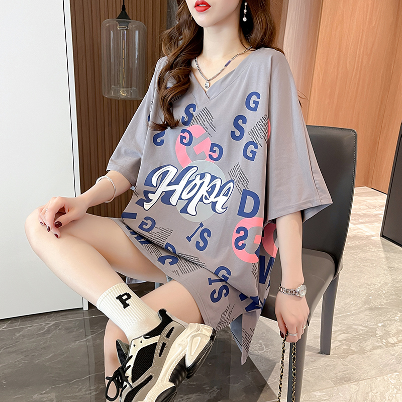 | 實拍 | 65/35拉架 | 夏季韓版中長款寬鬆短袖V領T恤女