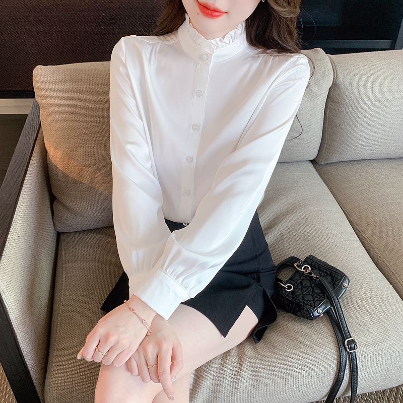 2024 Early Spring New Style Silk Satin White Shirt Top Temperament Lace Collar Commuting Style Shirt