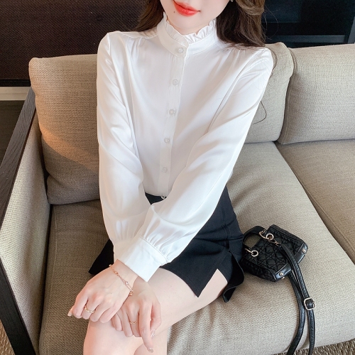 2024 Early Spring New Style Silk Satin White Shirt Top Temperament Lace Collar Commuting Style Shirt