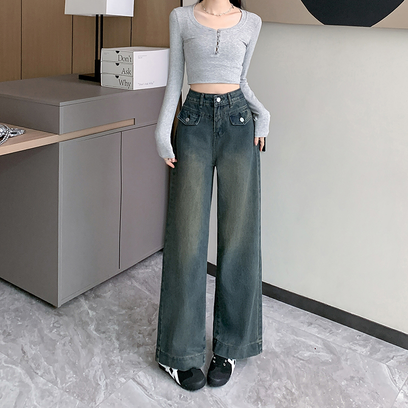 Real shot ~ 2024 American retro wide-leg jeans for women in autumn new high-waisted slimming straight long pants