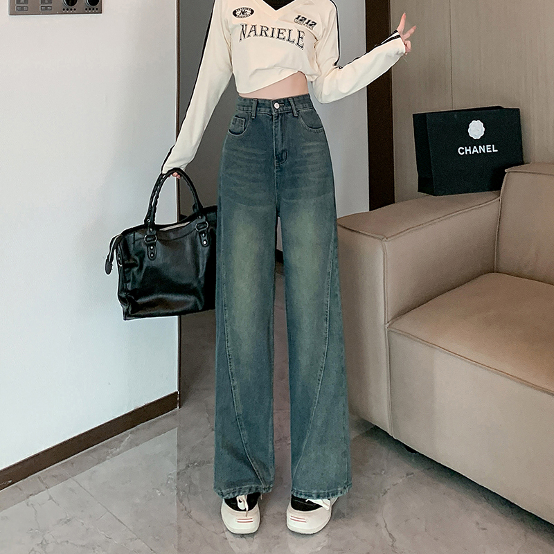 Actual shot ~ 2024 American retro spliced ​​wide-leg jeans for women, distressed high-waisted, loose, slimming, straight-leg long trousers