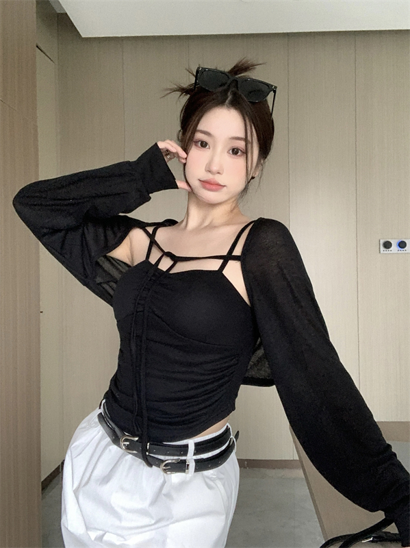 Actual shot of chic cross-over black slimming knitted long-sleeved two-piece suit for women