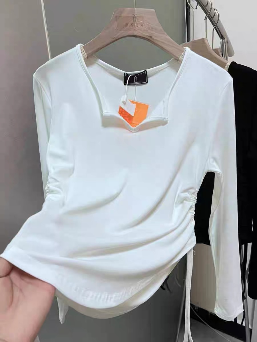 V-neck slim design drawstring Korean style long-sleeved bottoming shirt T-shirt versatile slim hot girl chic top autumn