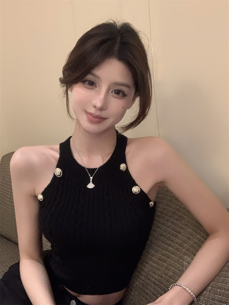 Actual shot of light and luxurious style, small fragrant style halter neck slim vest