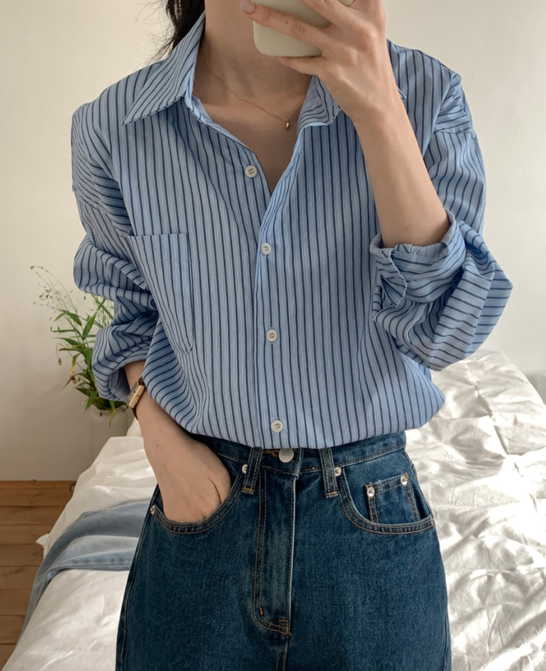 尺碼更新 韓國chic早春氣質條紋長袖 寬鬆襯衫女