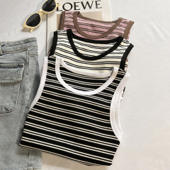 Real shot of contrasting color splicing striped vest for women summer pure cotton inner sleeveless short style outer suspender top