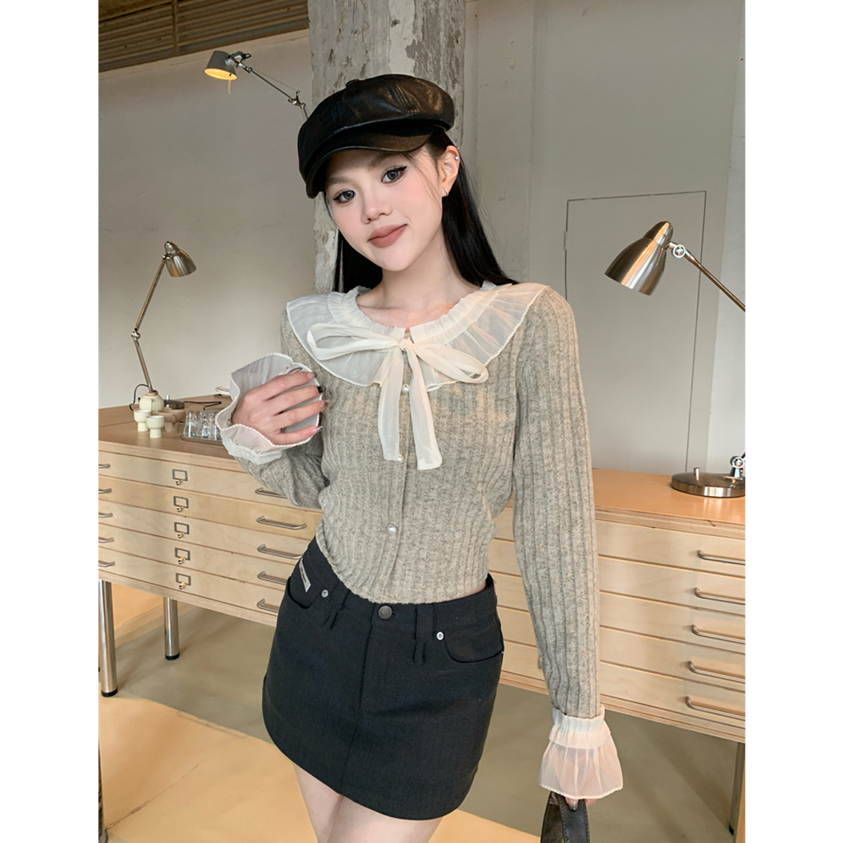 Quality Inspection Officer Pictures Autumn and Winter New Style Lace Bow Knitted Sweater Slim-fitting Sweater Short Temperament Top for Women