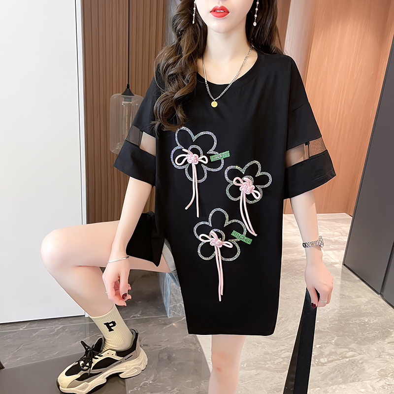 | Actual shot | 65/35 stretch frame | Rear strip | Korean style mid-length heavy-duty hot-drilled T-shirt for women