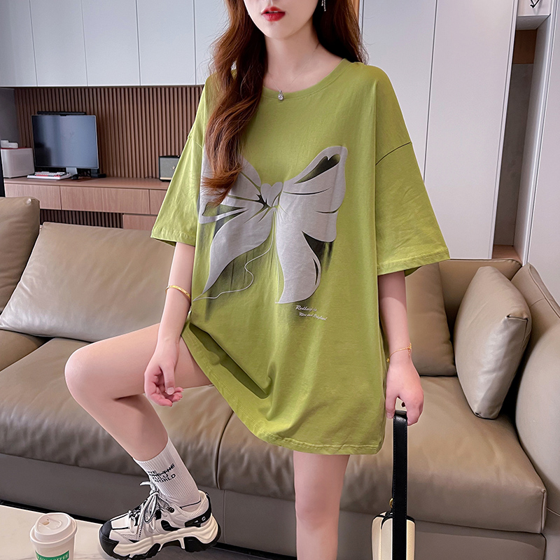 | 實拍 | 100%純棉 | 後包領 | 韓版中長款發泡印花短袖T恤女