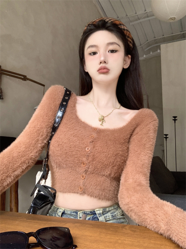 Real shot of single-breasted sexy furry square collar new design short top
