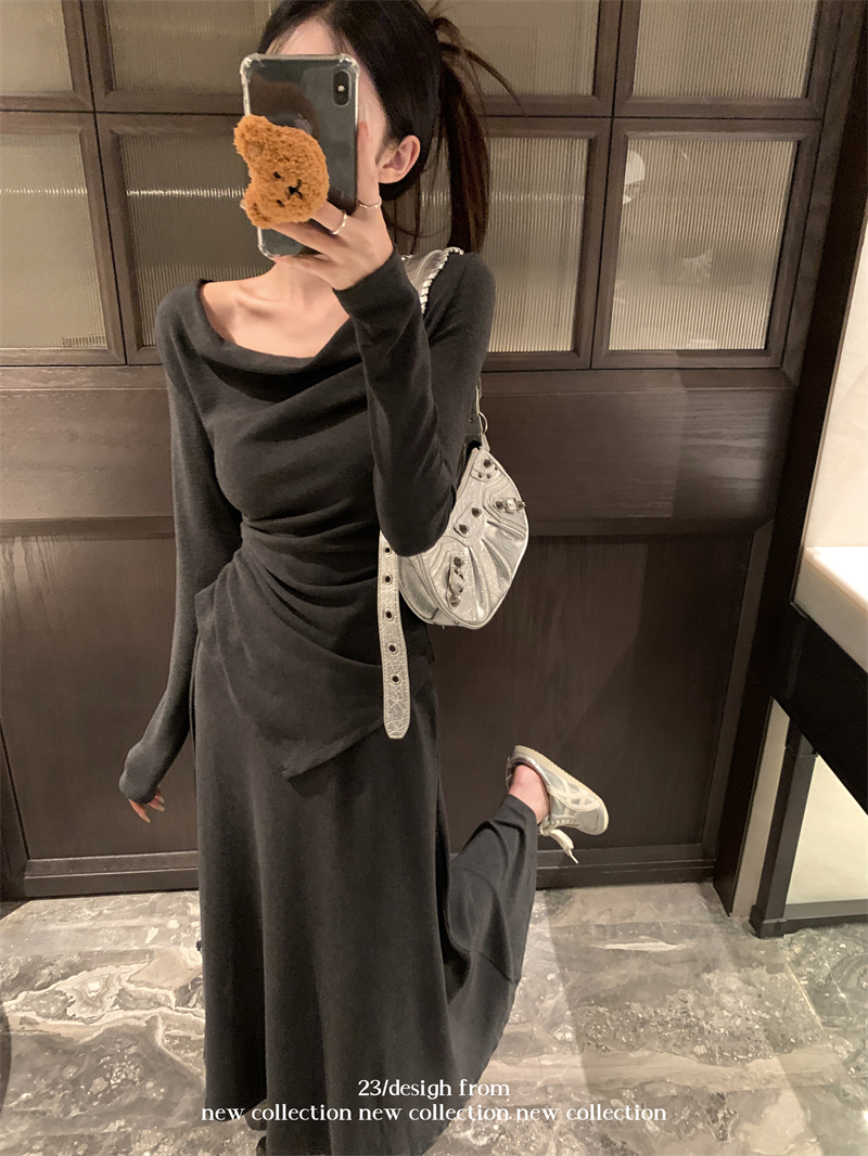 Actual shot of autumn and winter one-shoulder irregular cashmere top solid color versatile skirt suit