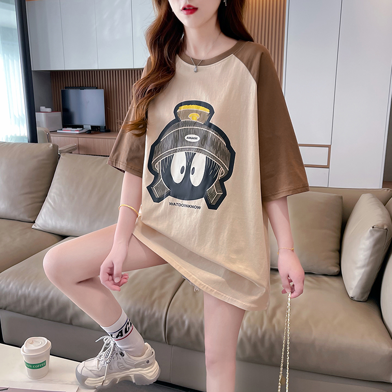 | 實拍 | 100%純棉 | 後包領 | 韓版中長款拼接撞色短袖T恤女