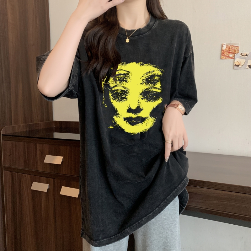實拍 100%棉220g純棉水洗做舊 寬鬆短袖T恤女寬鬆
