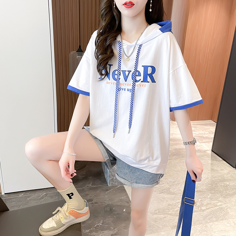 | 實拍 | 65/35拉架 | 夏季韓版寬鬆連帽印花短袖T恤女潮