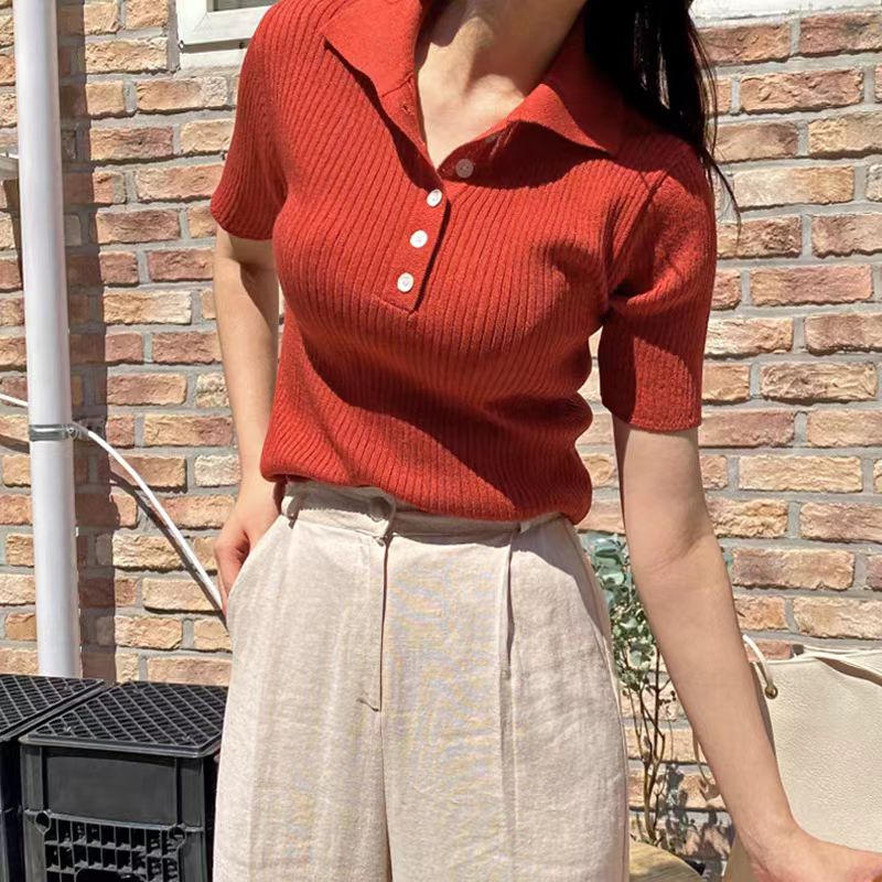 Ice silk sweater women's short-sleeved T-shirt thin new style red polo lapel summer mid-sleeve slim top