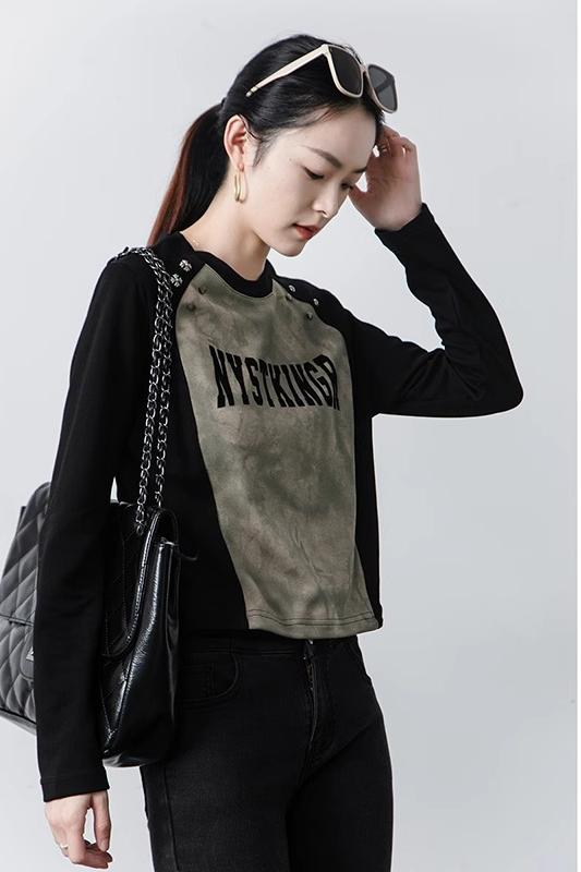 Original workmanship American retro contrasting raglan sleeve T-shirt for hot girls beaded round neck short letter top