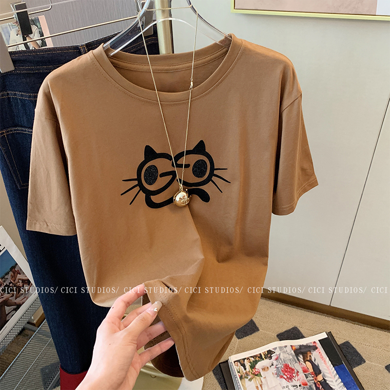 廣州十三行女品牌撤櫃~復古港風印花短袖t恤女夏寬鬆美式體恤
