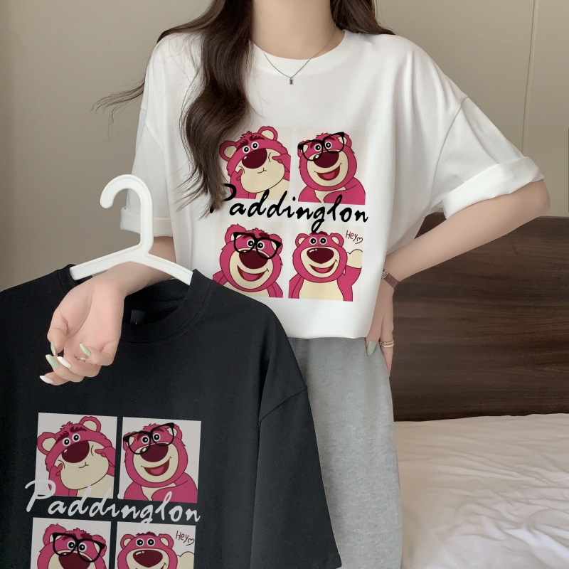 實拍 2024年春夏新款 100%棉精梳純棉 印花夏裝短袖T恤女寬鬆韓版