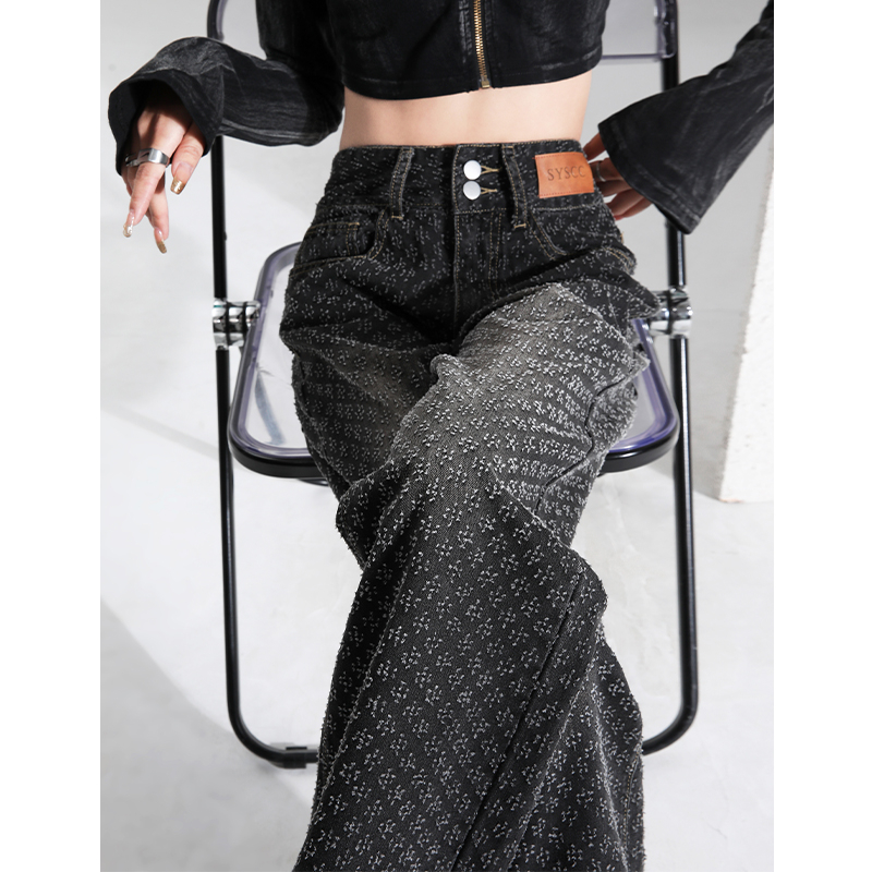 Actual shot of jacquard wide-leg jeans new style 2024 spring American straight loose slimming and drapey floor-length trousers