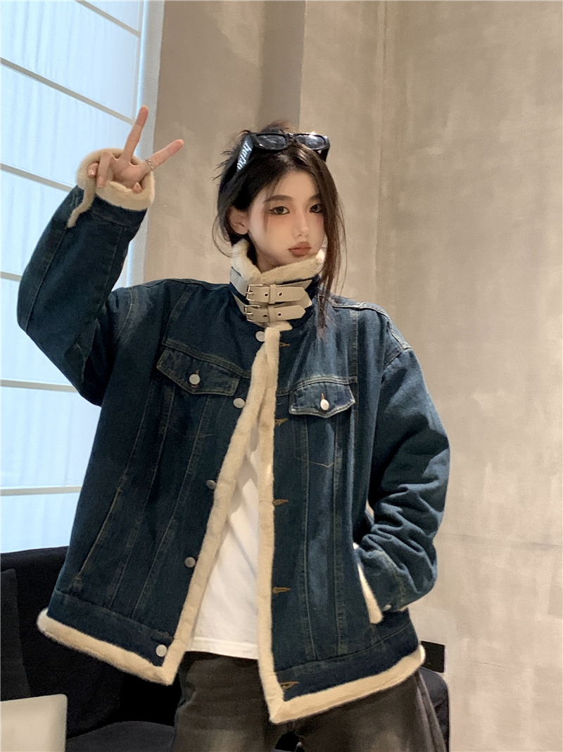Actual shot of denim lambswool jacket motorcycle stand-up collar plus velvet imitation mink fur jacket cotton jacket