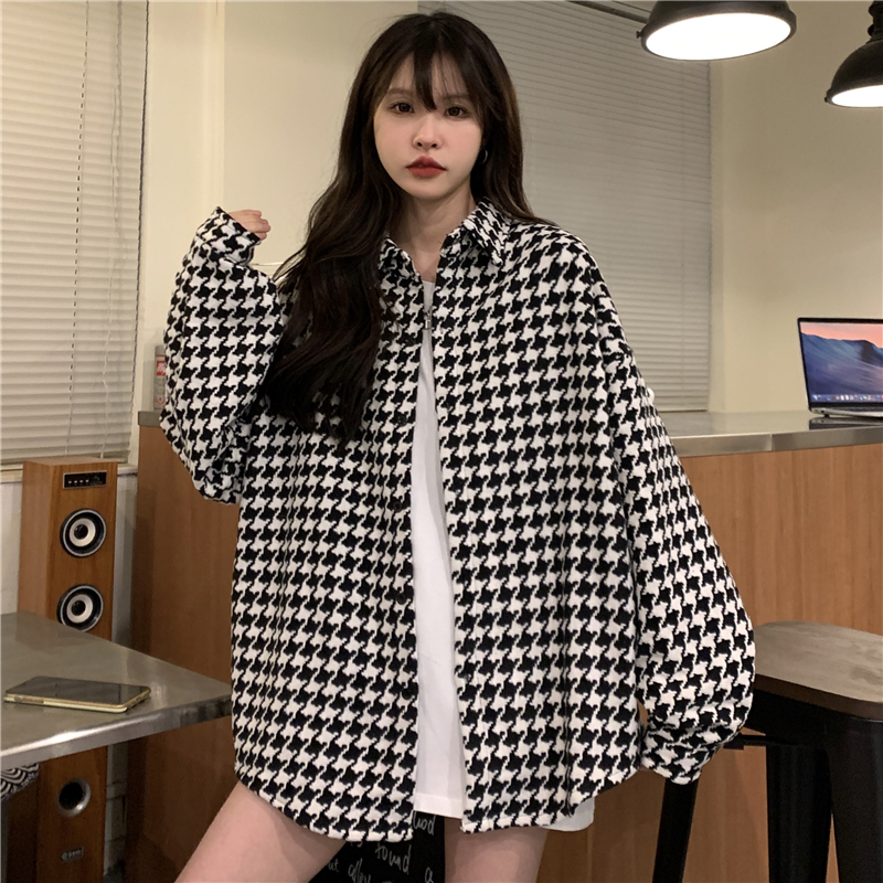 Actual shot of 100% polyester fiber houndstooth versatile jacket loose puff sleeve top cardigan